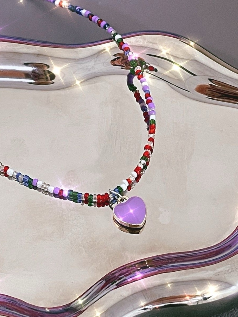 Vintage Purple Heart Beaded Necklace - Multicolor Seed Beads